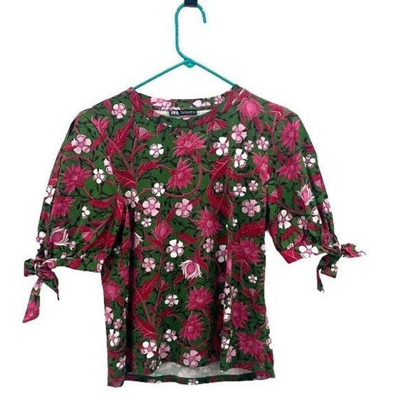 Zara Womens Floral Puff Tie Short Sleeve Cotton Top Pink Green Small - Picture 2 of 9